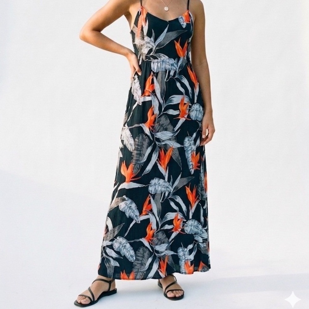 Patrons of Peace Tropical Bird of Paradise Sun Dress Black Orange Large